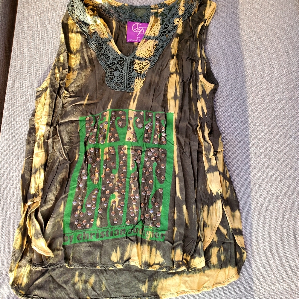 3/$50 Christian Audigier Women's Tie-Dye Top - Dark Green and Yellow